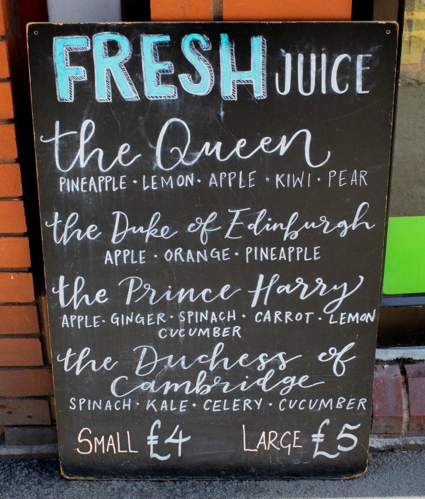 Fresh is a local cafe with a Royal Family themed juice menu. 