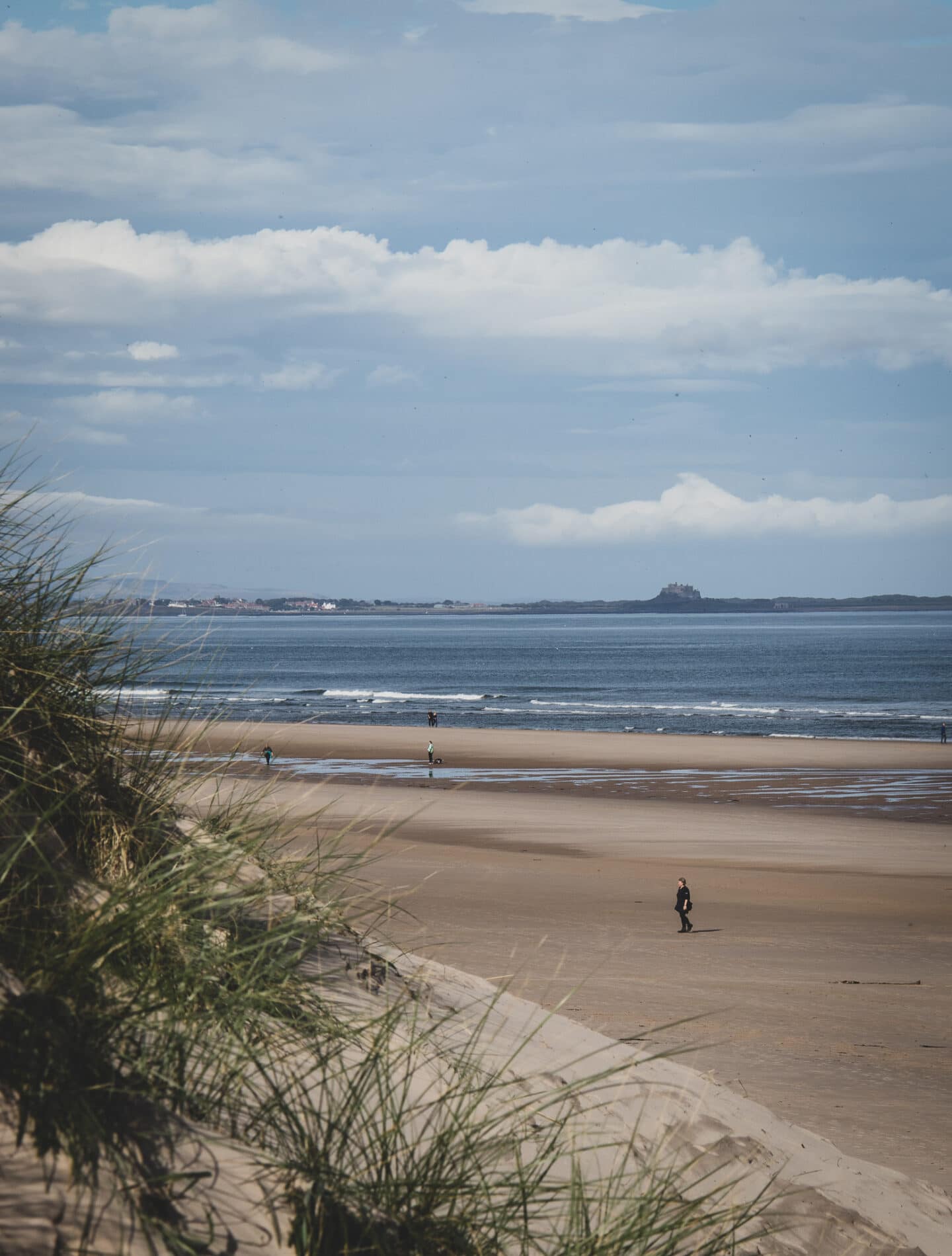 A view over bamburgh beach. Grass covered sand dunes in the foreground. Lindisfarne Castle is visible on the horizon. A number of people are strolling along the beach. You can also get great views of the Farne Islands from this beach.